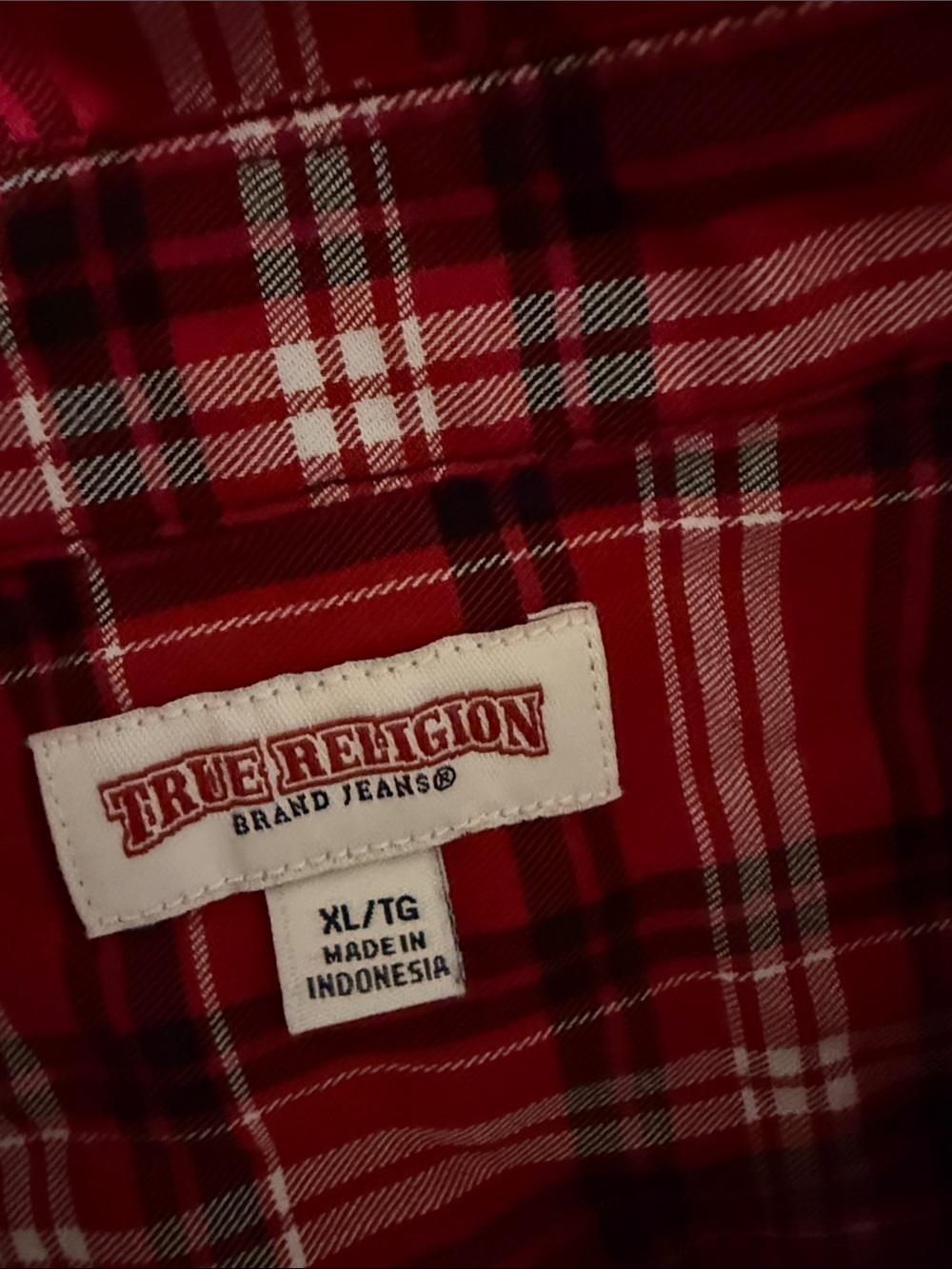 True Religion Womens Red Plaid Flannel Shirt with Bold White Logo - Picture 6 of 6
